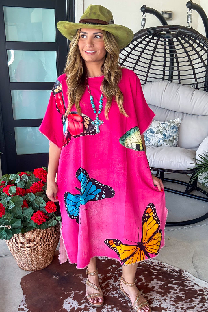 Butterfly Linen Feeling Dress/Tunic - 100% Cotton - Pink