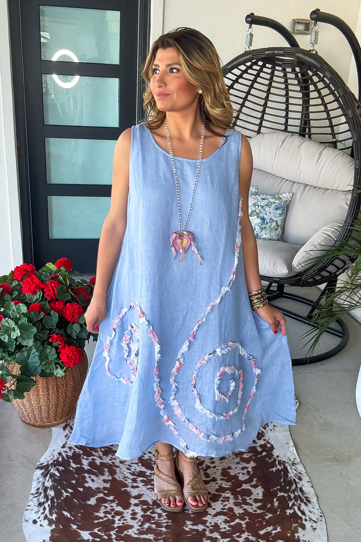 Linen Feeling Cotton Summer Dress - 100% Cotton -  Blue