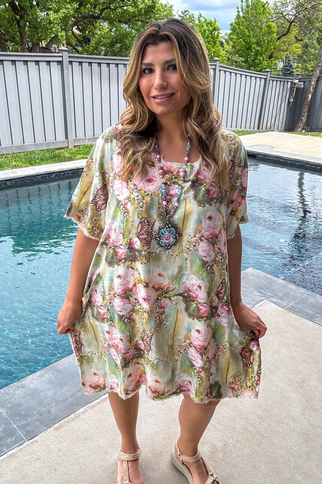 Butterfly Vintage Shabby Chic Linen Dress – Oversized Fit - 100% Linen