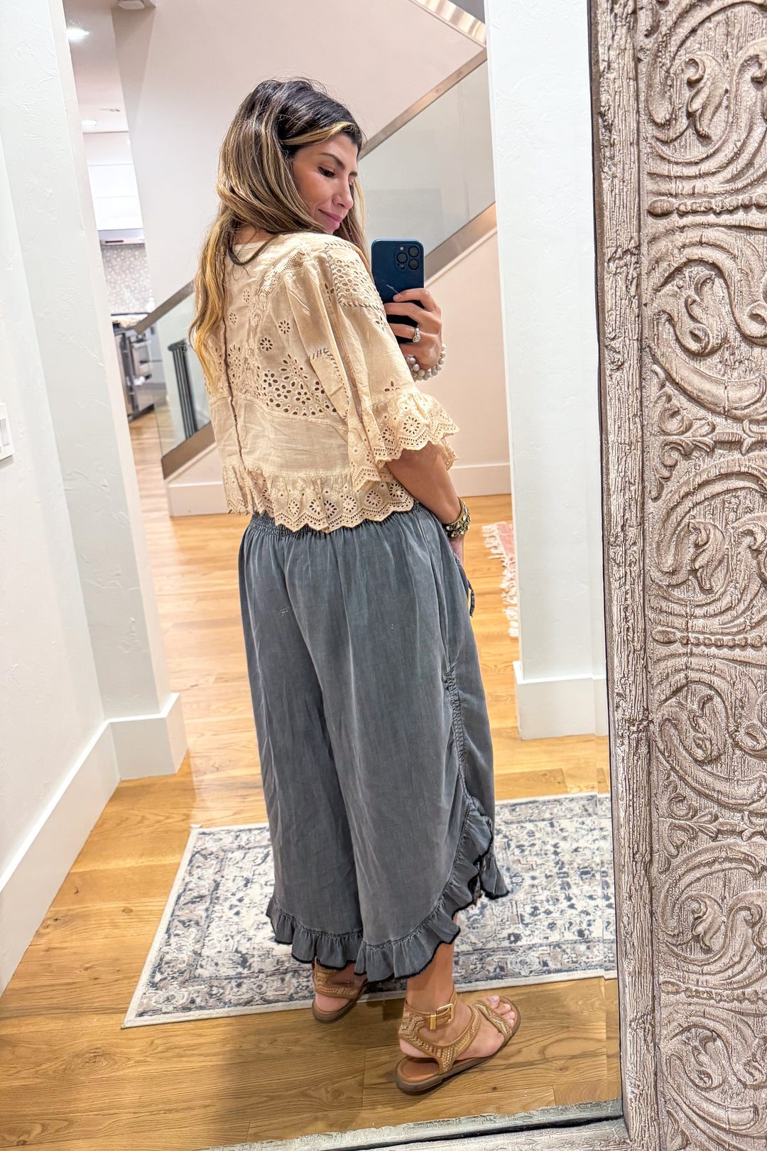 Softly Worn Eyelet Top -100% Cotton - Reversible - Taupe