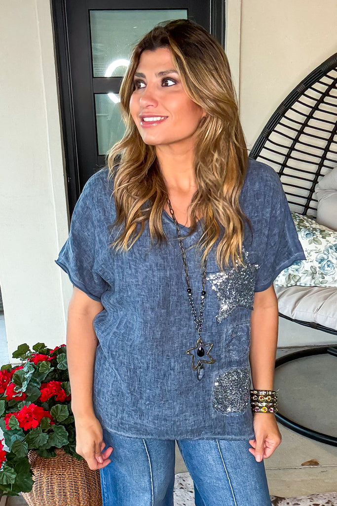 Sequin Skies Cotton Blend Tunic - Made In Italy - Blue - Cotton Linen Blend