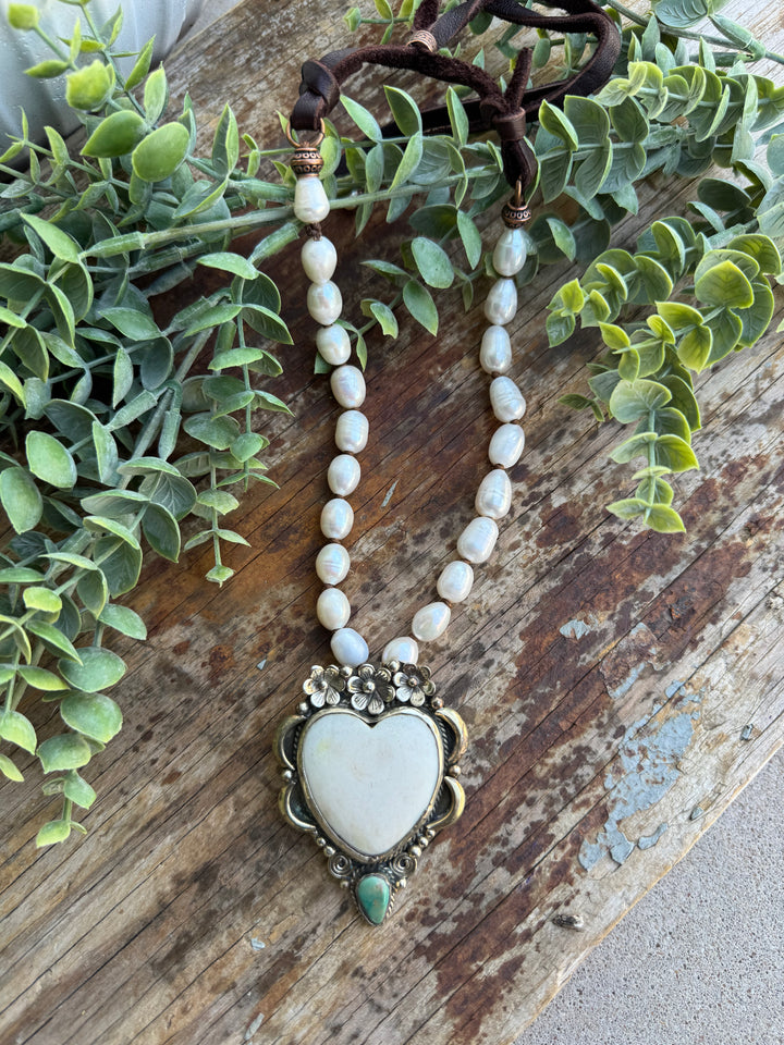 Handmade in Texas - Freshwater Pearl Necklace with Bone Heart Pendant and Turquoise