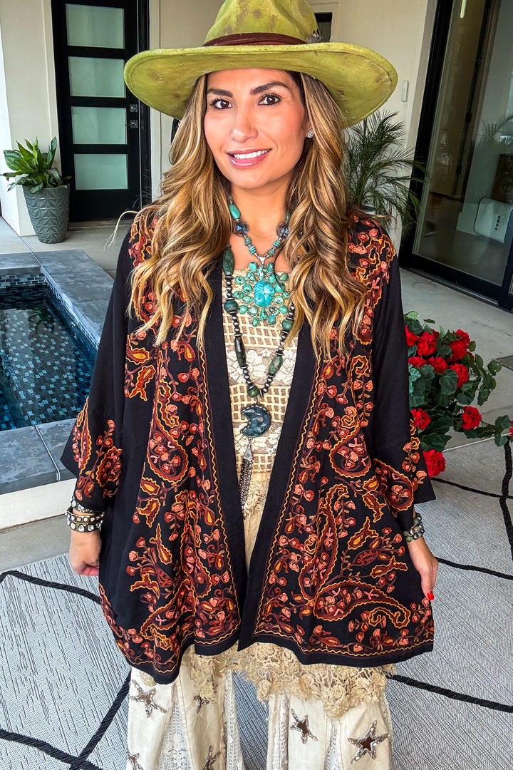 Beauty in Sight Embroidered Cardigan - Cotton Linen Blend  - Black