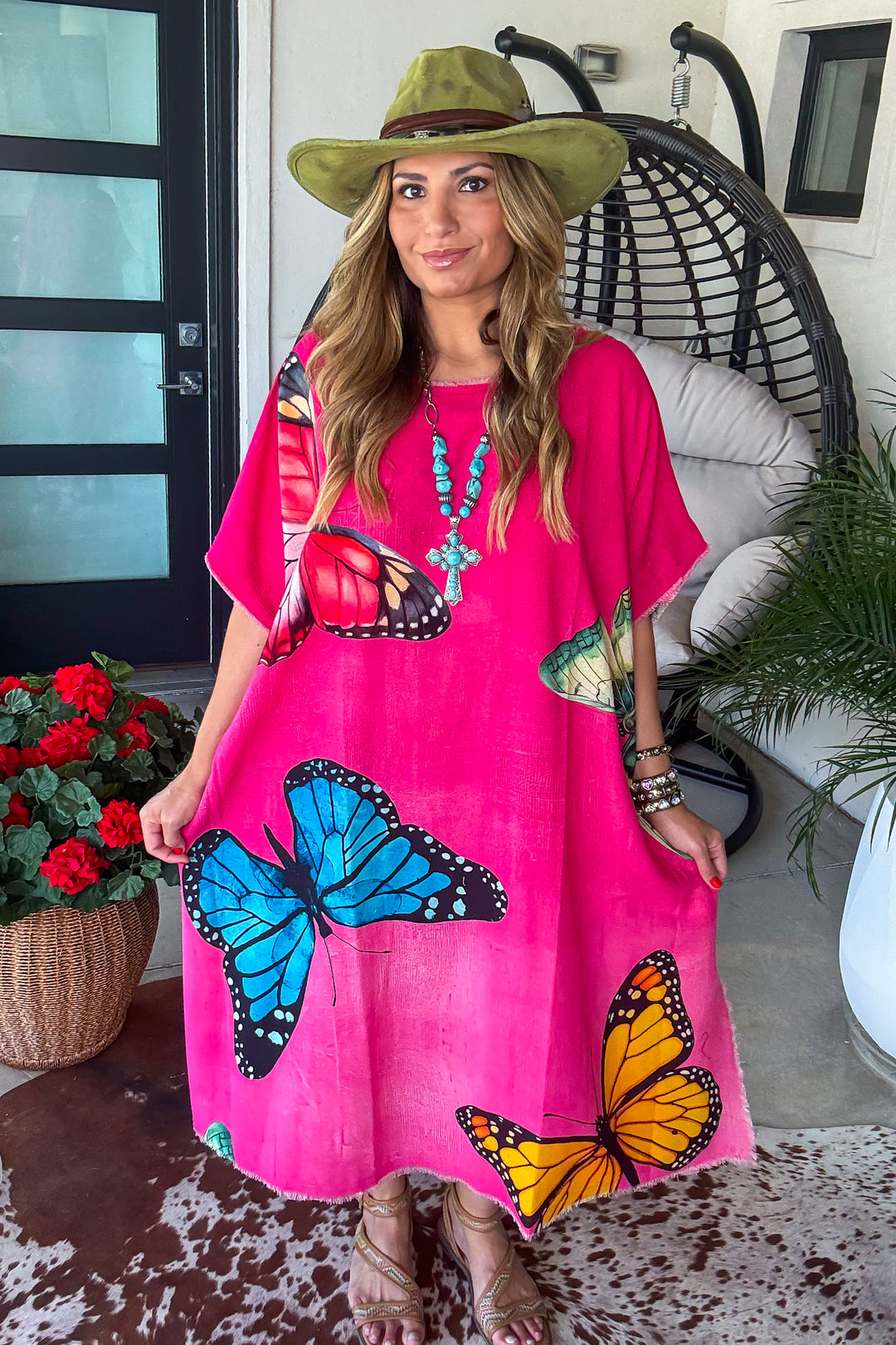 Butterfly Linen Feeling Dress/Tunic - 100% Cotton - Pink