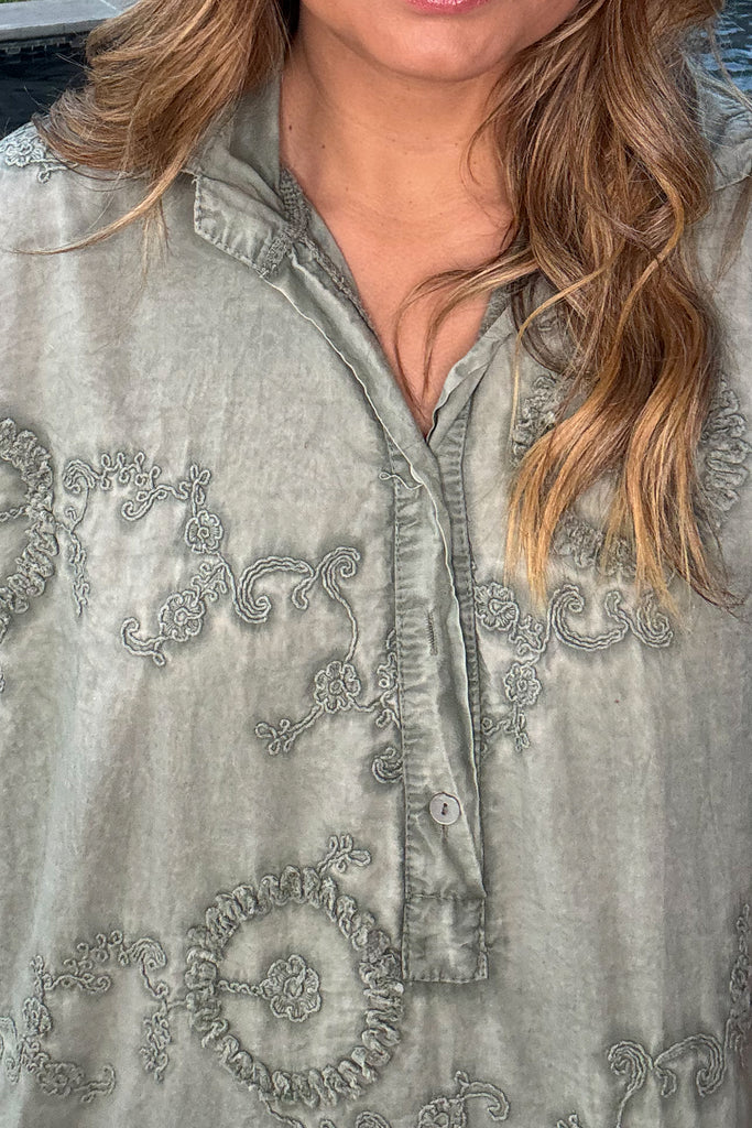 Afternoon Plans Blouse - 100% Cotton- Made In Italy - Olive