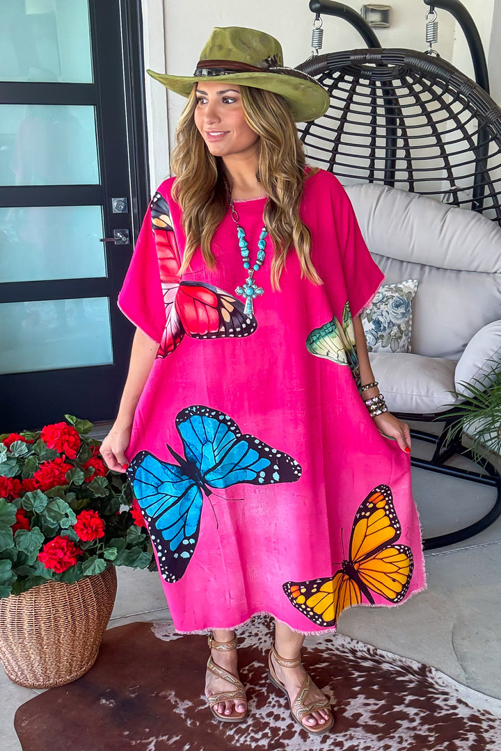 Butterfly Linen Feeling Dress/Tunic - 100% Cotton - Pink