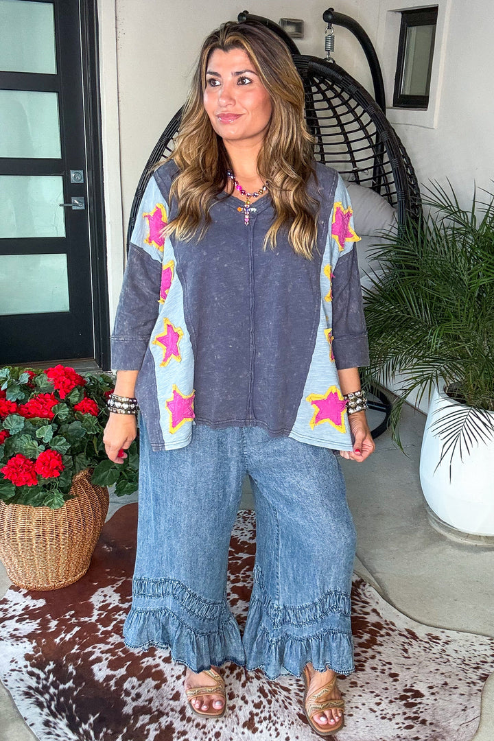 Stardust Trails Oversized Top - 100% Cotton - Faded Navy