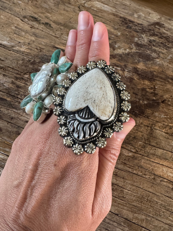 Sacred Heart Bone Statement Ring - silver plated