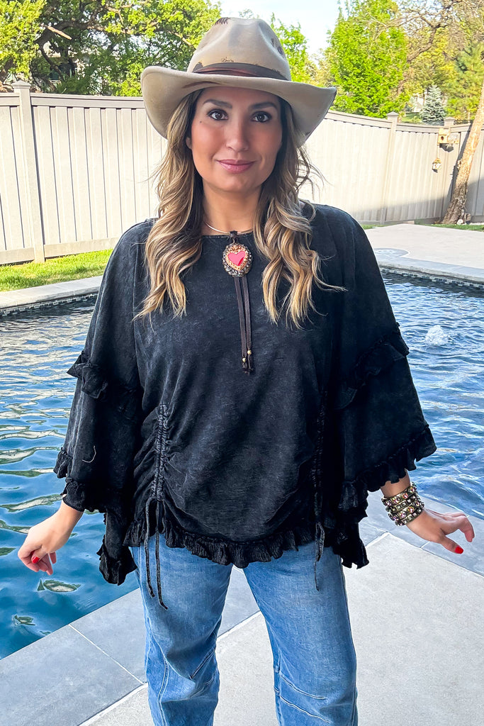 Midnight Ruffles Cinch Top - 100% Cotton  - Black