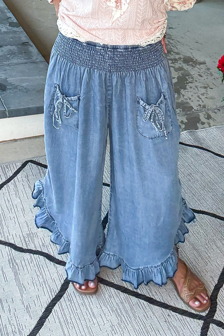 PRE ORDER: Smocked Ruffle Hem Side Tie Chambray Pants - Denim