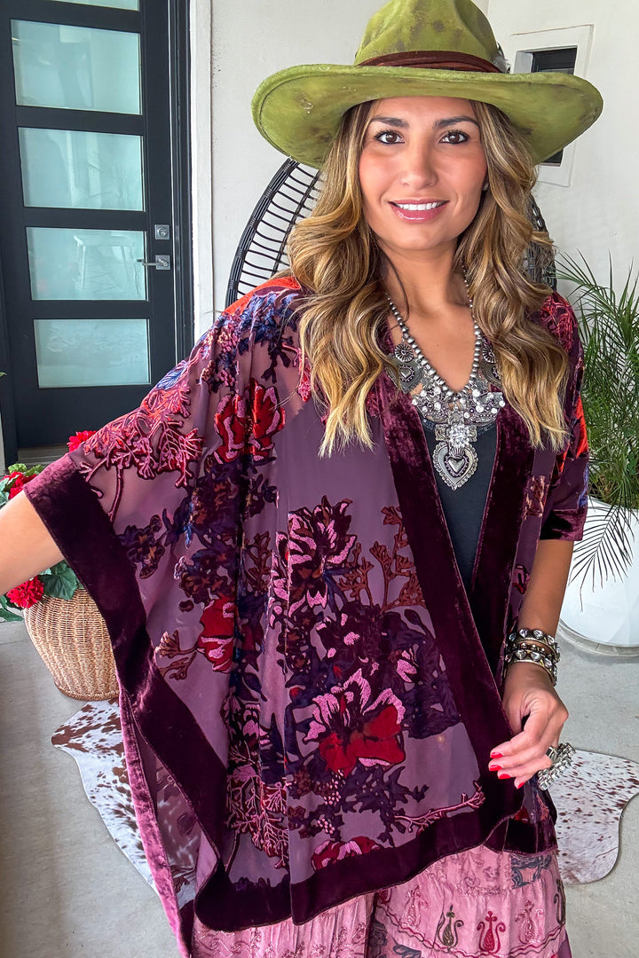 True Burnout Velvet Masterpiece Kimono - Burgundy