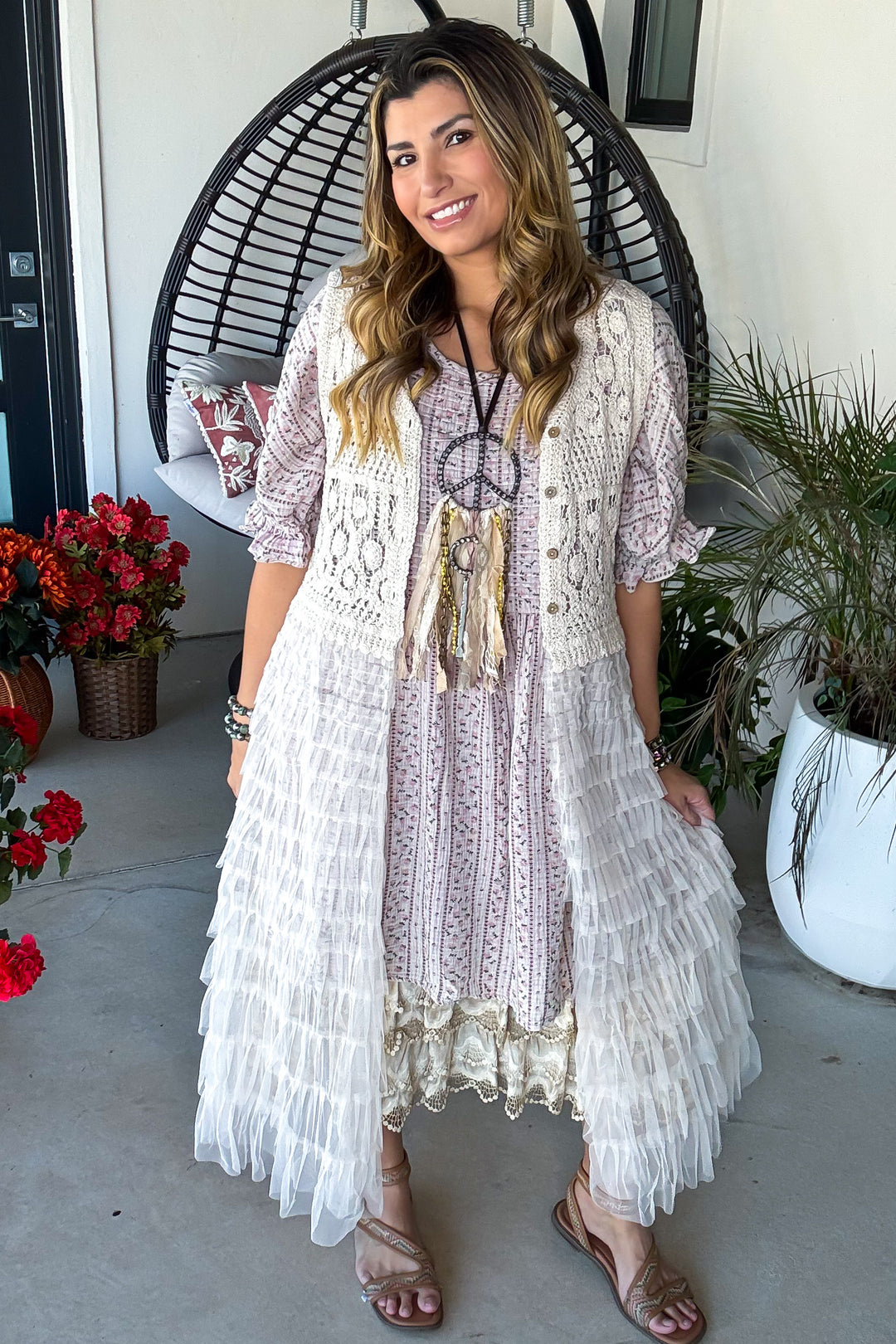 Crochet &amp; Tulle Ruffle Duster Vest - Natural - 100% Cotton