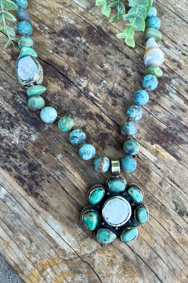 Mother of Pearl, Turquoise and Jasper Necklace - Handmade in Texas