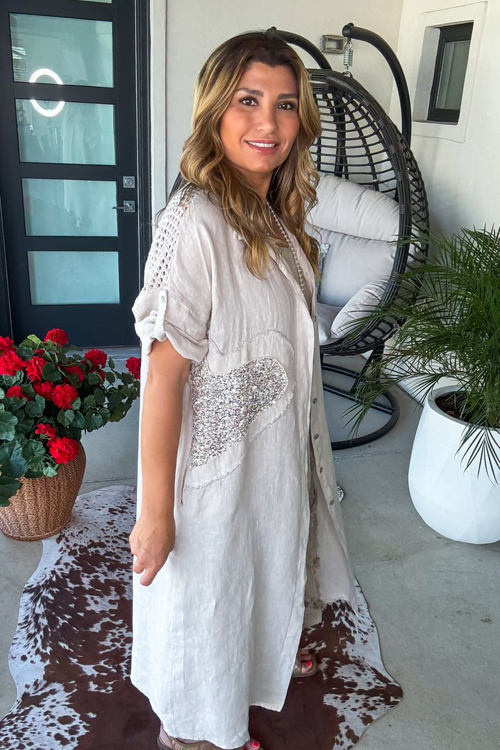 Sparked Affection Sequin Duster - 100% Linen - Taupe - Made in Italy