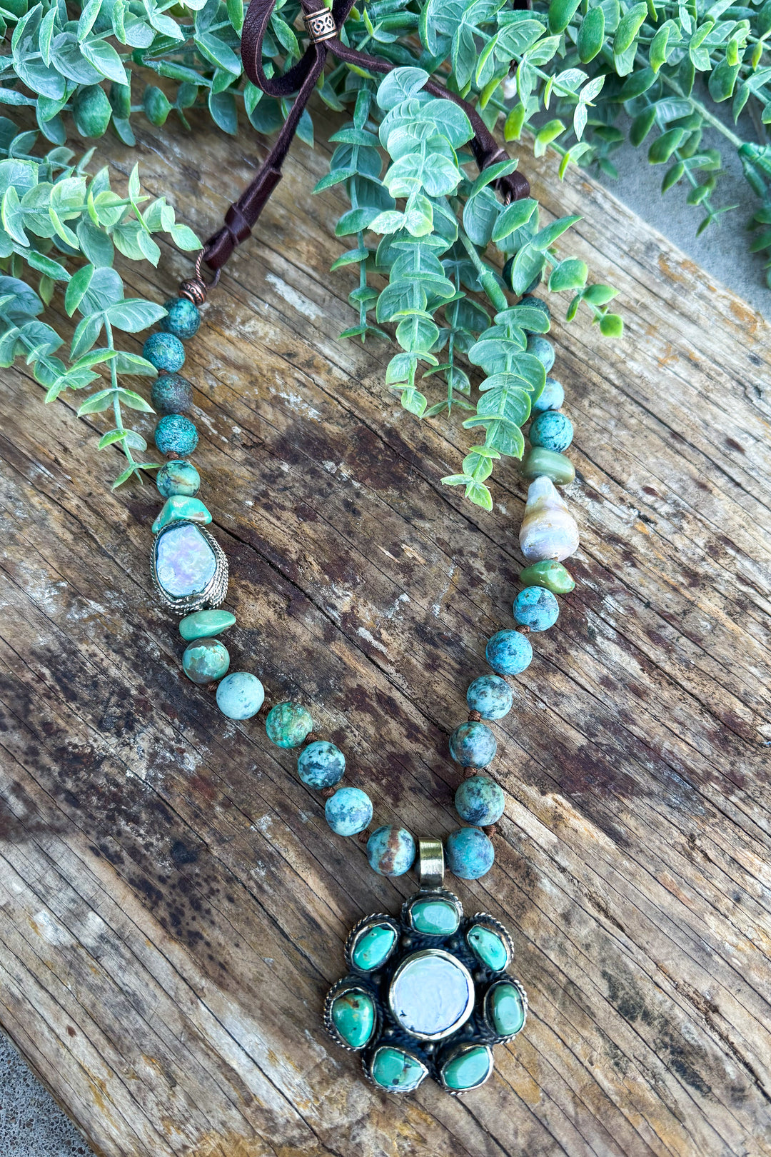 Mother of Pearl, Turquoise and Jasper Necklace - Handmade in Texas