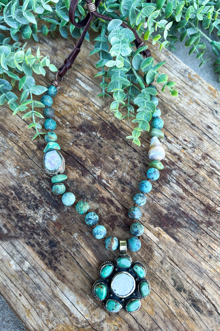 Mother of Pearl, Turquoise and Jasper Necklace - Handmade in Texas