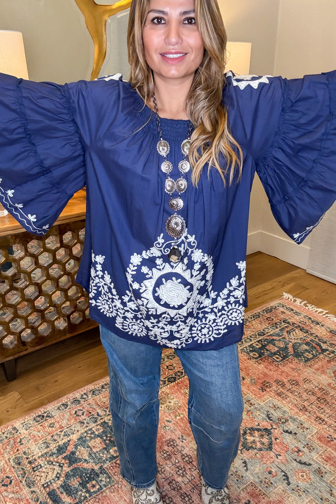 Bound By Love  Embroidered Top - Blue