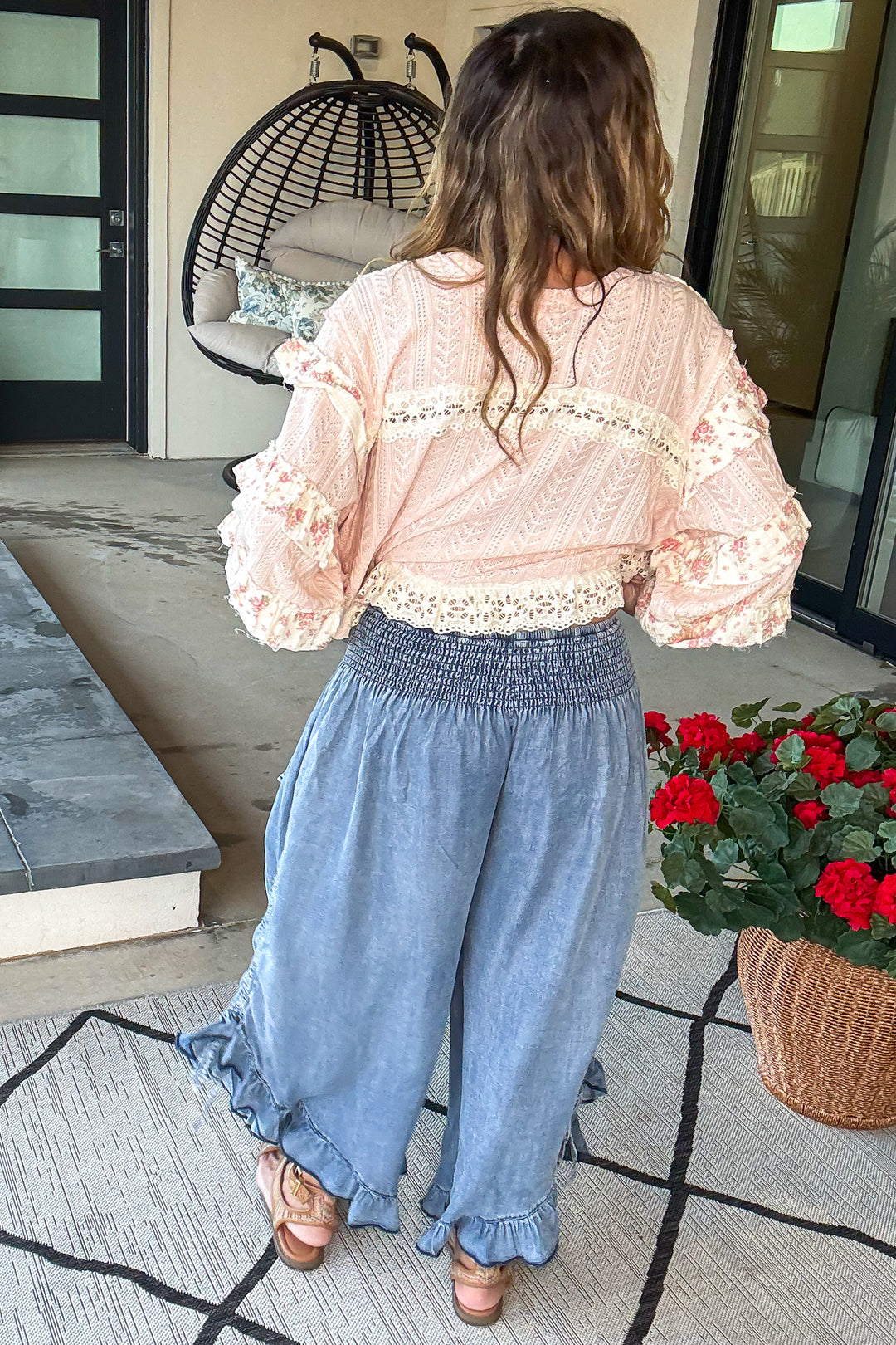 PRE ORDER: Smocked Ruffle Hem Side Tie Chambray Pants - Denim