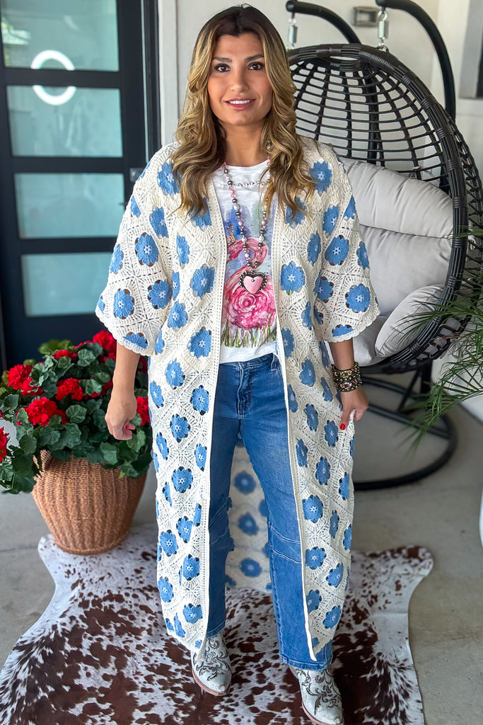 Porcelain Bloom Crochet Duster - Sky