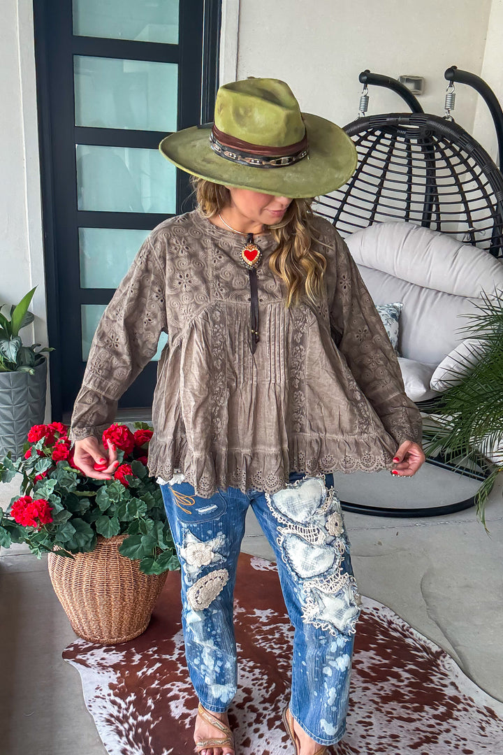 Southern Elegance Blouse - 100% Cotton - Mushroom