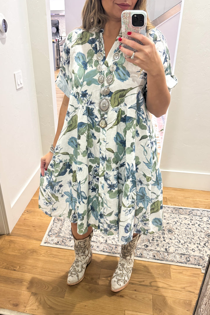 Coastal Floral Linen Dress - Made In Italy - 100% Linen