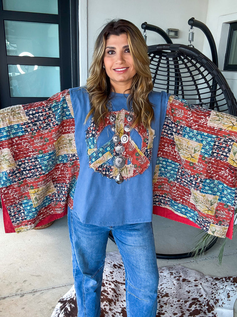 Peaceful Horizon Poncho Top  - 100% Cotton - Blue