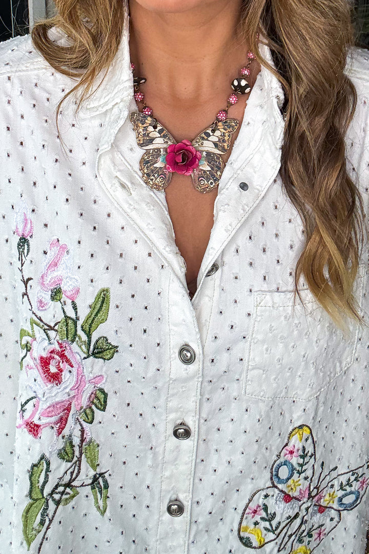 Butterfly and Roses Top - Off White - 100% Cotton
