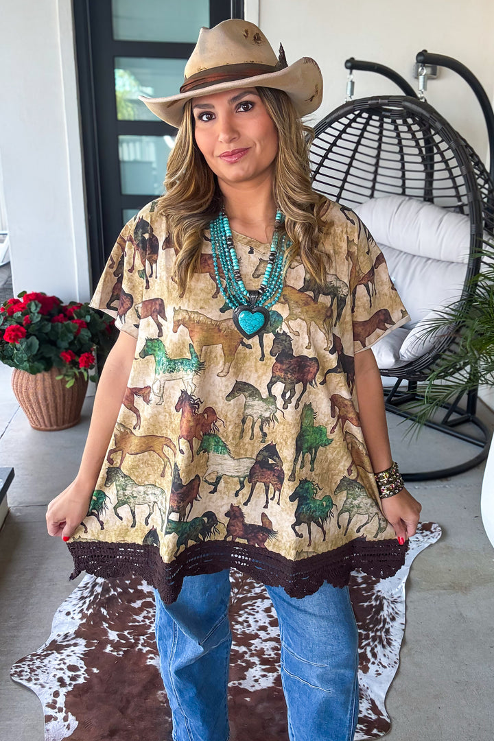 Wild Spirit Horse Print Cotton Linen Top – Made in USA