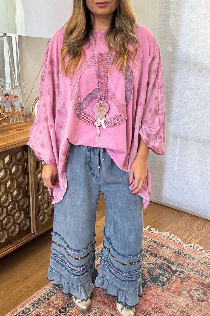 PRE ORDER: Frayed And Ruffled Denim Capris - Washed Denim