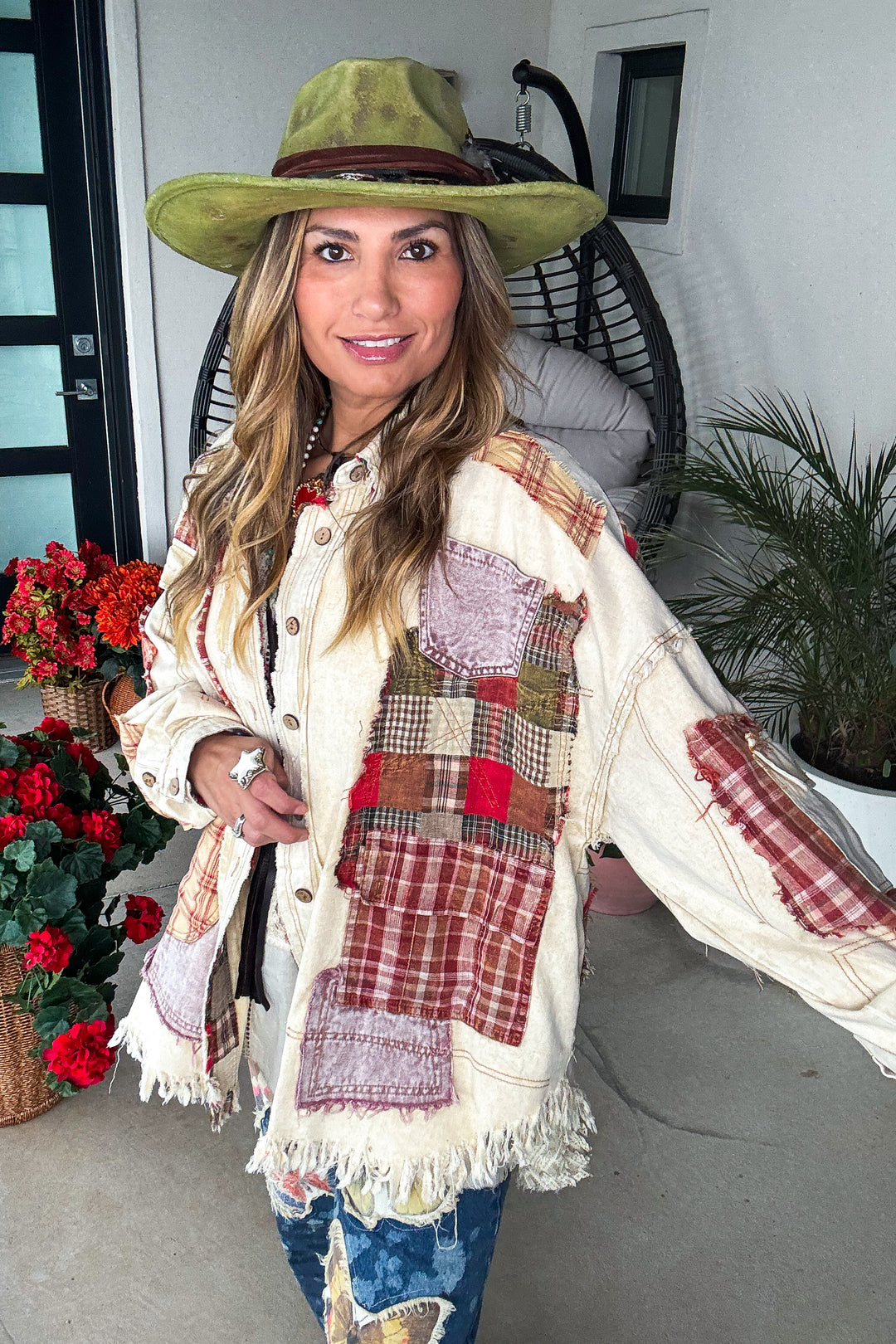 Patchwork Dreamer Oversized Shacket - Tan/Brick
