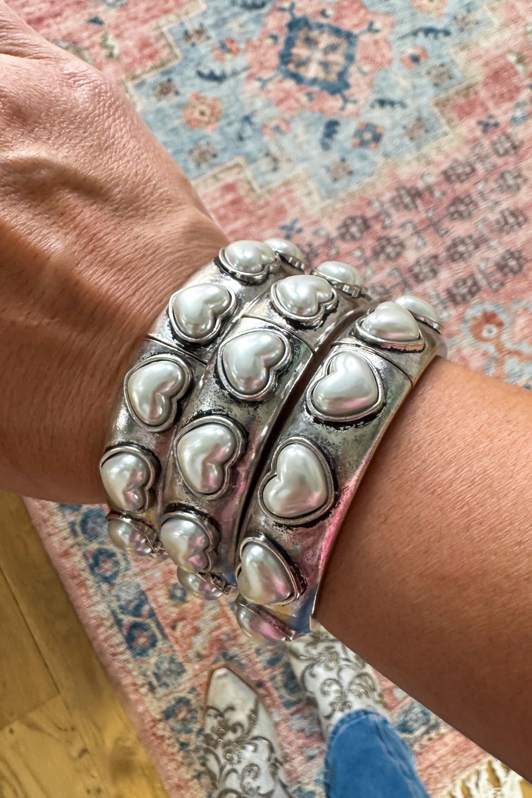 Silver Tone Pearl Heart Stretch Bracelet (EACH SOLD SEPARATELY)