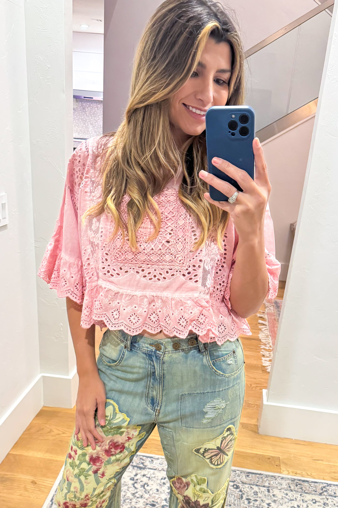 Softly Worn Eyelet Top -100% Cotton - Reversible - Pink