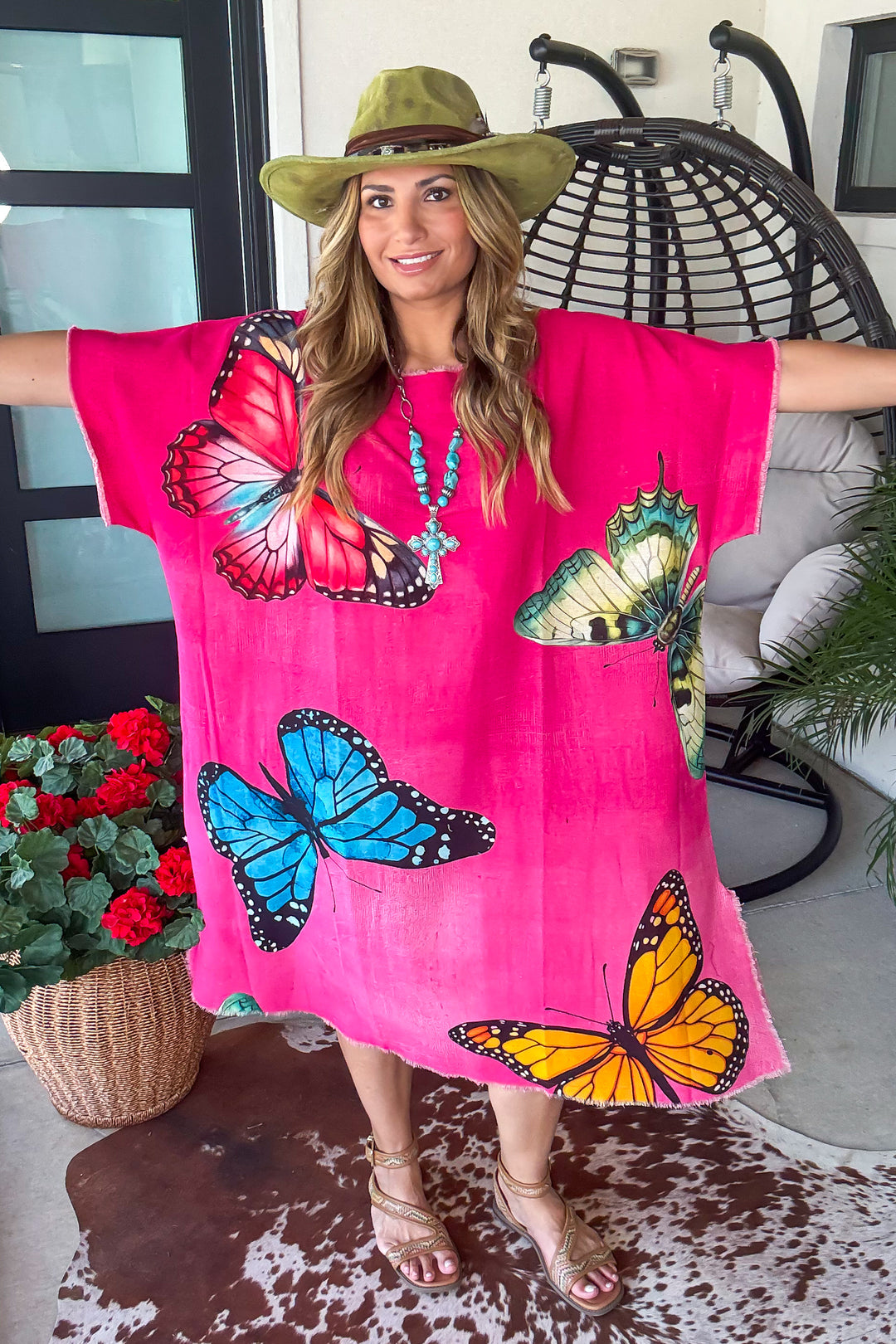Butterfly Linen Feeling Dress/Tunic - 100% Cotton - Pink