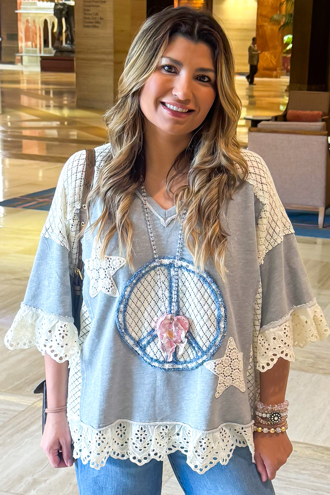 Peace And Pearls Oversized Top - Lt. Grey