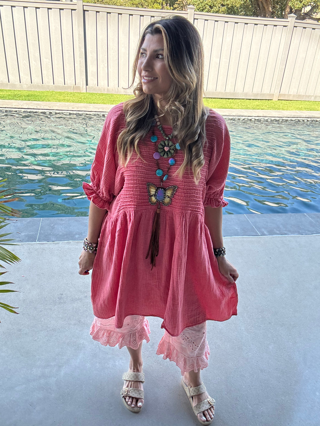 The Softest Dress Ever - 100% Cotton - Boho Red/Pink