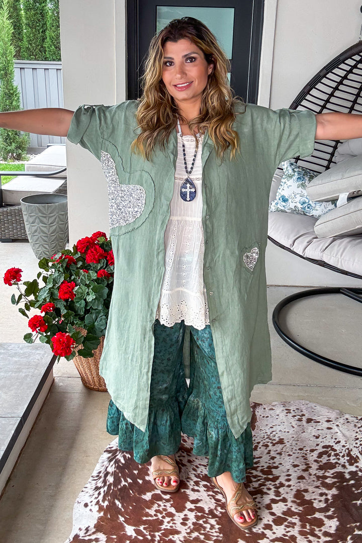 Sparked Affection Sequin Duster - 100% Linen - Army - Made in Italy