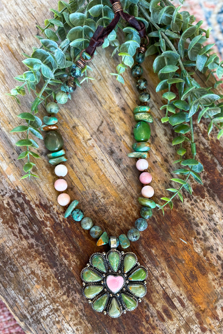 One of a Kind Genuine Green Turquoise &amp; Pink Opal Heart Necklace