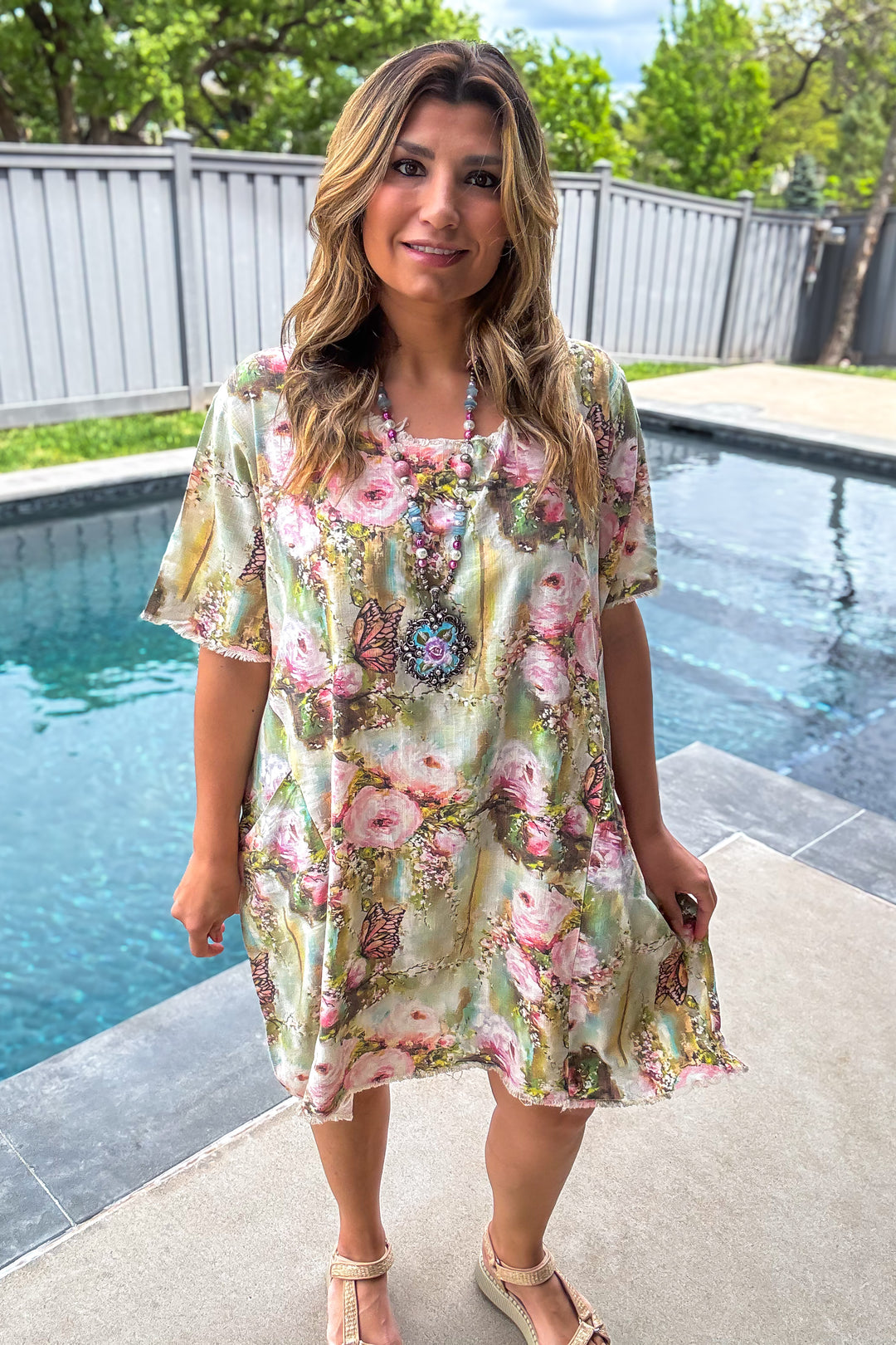 Butterfly Vintage Shabby Chic Linen Dress – Oversized Fit - 100% Linen