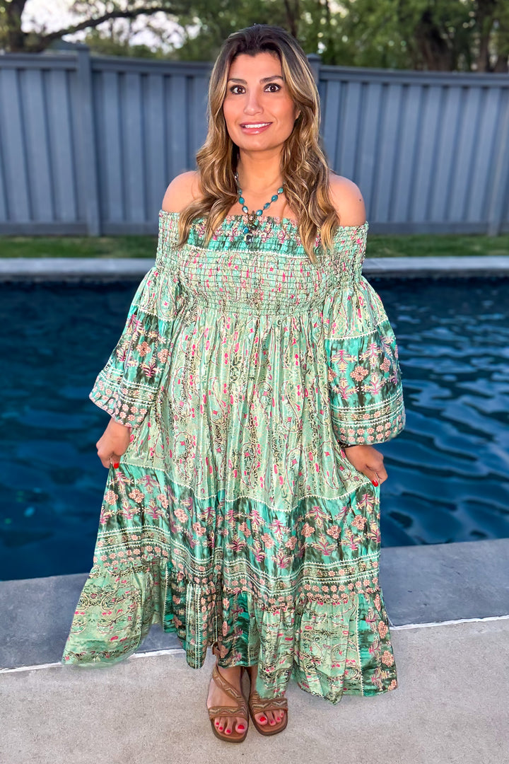 Palace Garden Maxi Dress - 100% Silk - Green/Multi