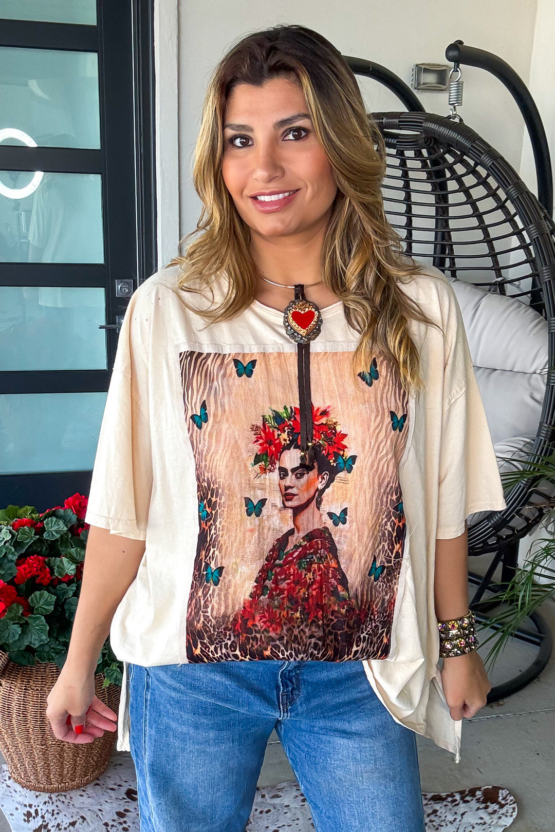 Frida Dreamer Distressed Crop Length Tee - 100% Cotton