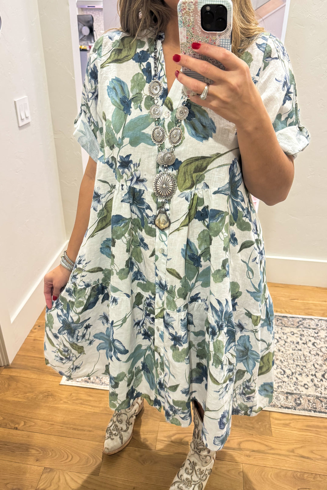 Coastal Floral Linen Dress - Made In Italy - 100% Linen