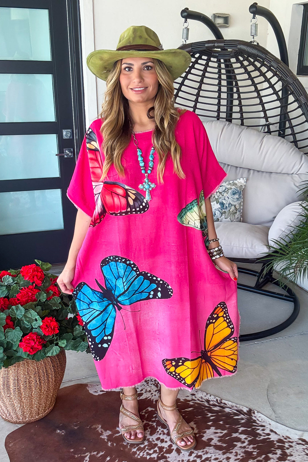 Butterfly Linen Feeling Dress/Tunic - 100% Cotton - Pink