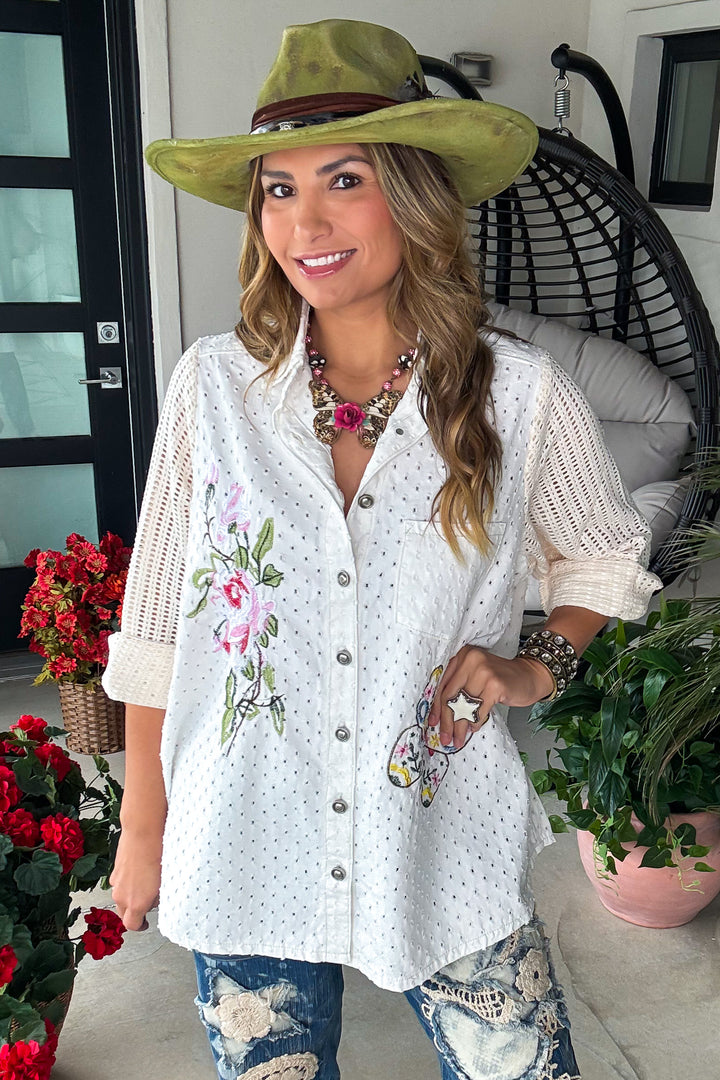 Butterfly and Roses Top - Off White - 100% Cotton