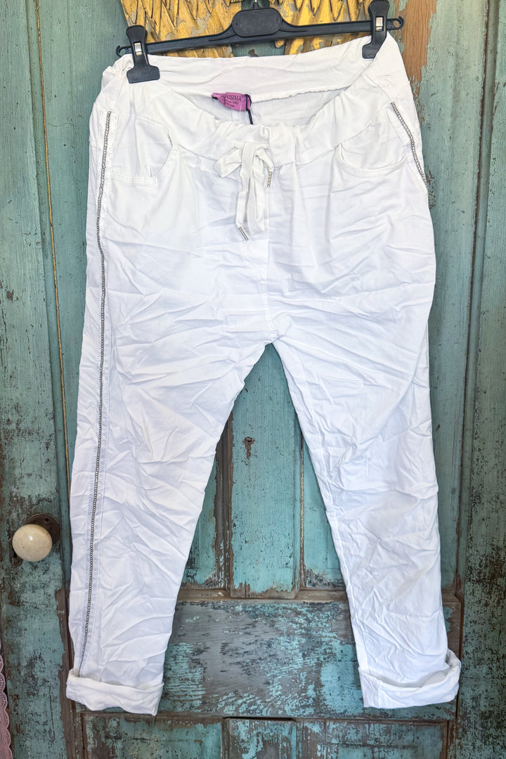Made in Italy Scrunchy Rhinestone Stretch Pants – Ultra Comfortable Size (6 to 14) - White