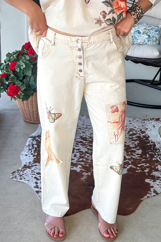 Garden Story Patch Elastic Waist Jeans - 100% Cotton - Cream