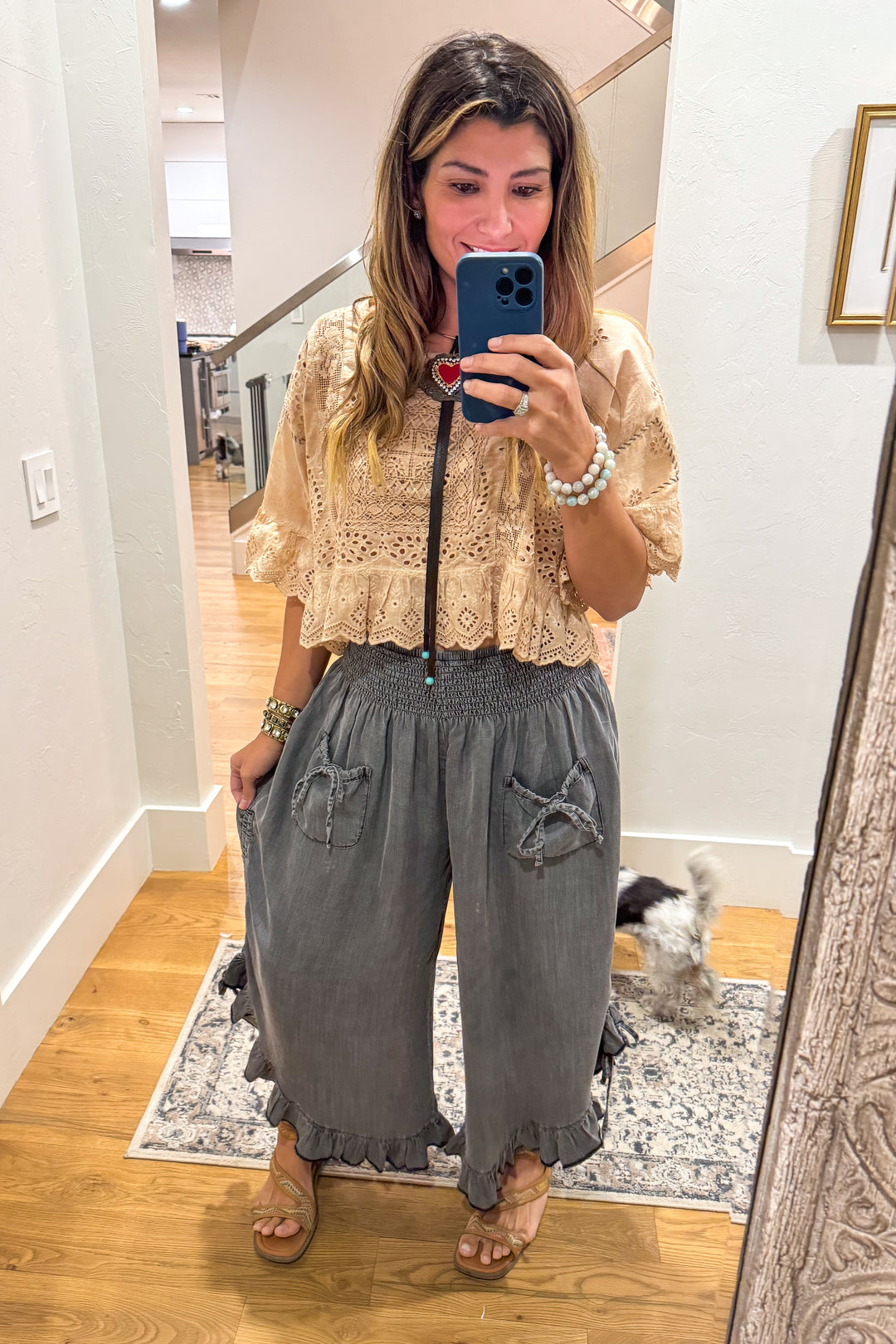 Softly Worn Eyelet Top -100% Cotton - Reversible - Taupe