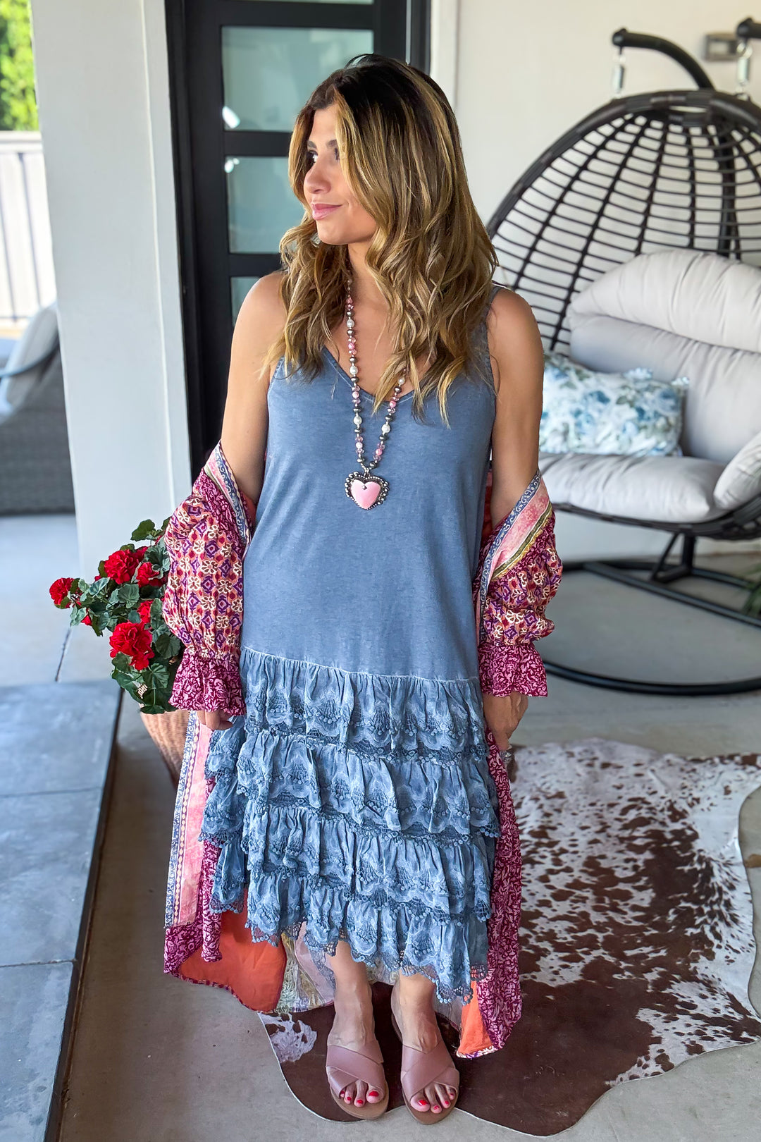 PRE ORDER: Desert Lace Daydream Slip Dress - Cotton Linen Blend - MADE IN USA - Blue