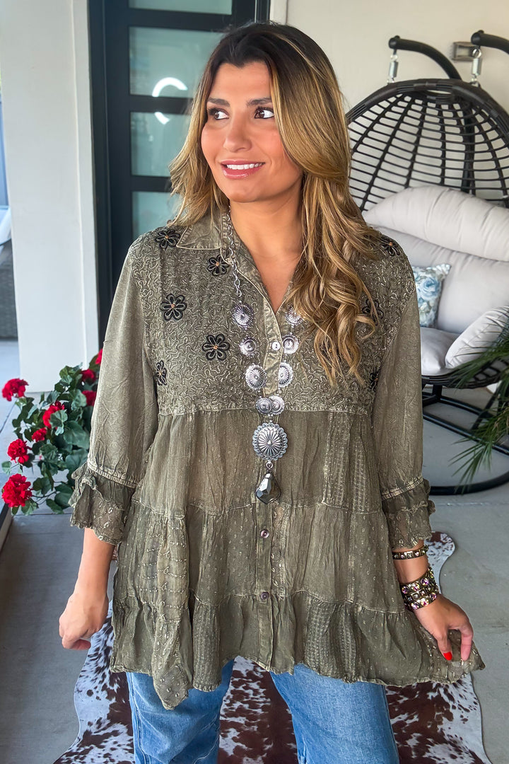 Gathering Sweetness Blouse - Gravel