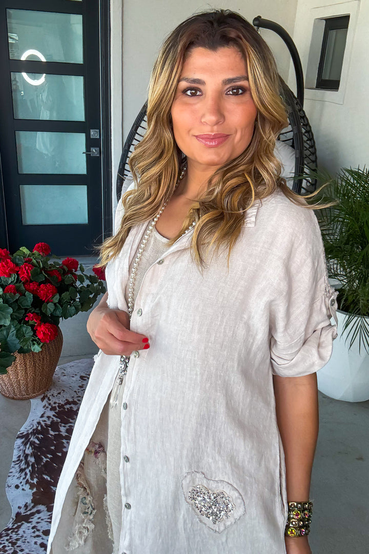 Sparked Affection Sequin Duster - 100% Linen - Taupe - Made in Italy