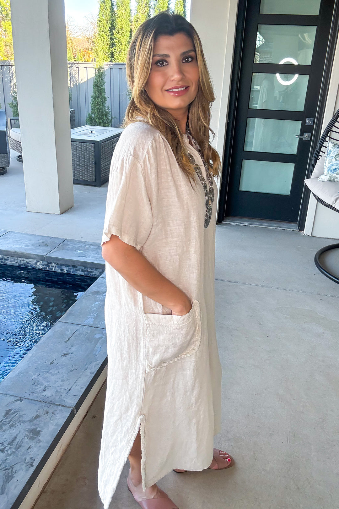 Impressively Attractive Dress - Made In Italy - 100% Linen